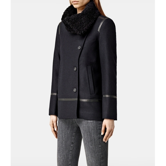 All Saints Okito Minimilist Wool Shearling Collar Pea Lamb Leather Coat - Picture 11 of 11